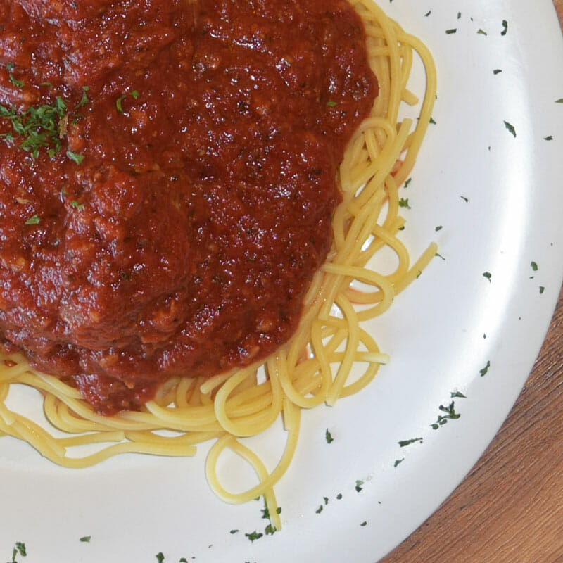 Spaghetti Served with Gino’s delicious homemade marinara or delicious meat sauce.