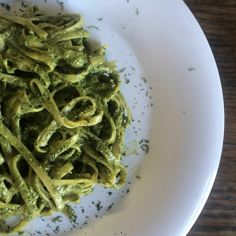 Fettuccini with Pesto Gino’s scrumptious pesto over pasta. Yum!