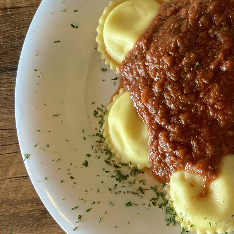 Cheese RavioliLittle pockets of goodness topped with homemade marinara or meat sauce.
